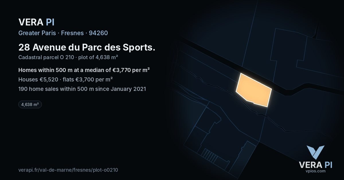 28 Avenue du Parc des Sports, Fresnes at night – the plot lit, the parcels around coloured by the prices near them