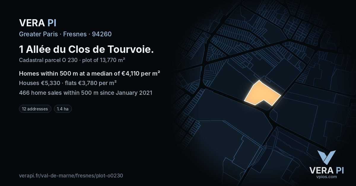 1 Allée du Clos de Tourvoie, Fresnes at night – the plot lit, the parcels around coloured by the prices near them