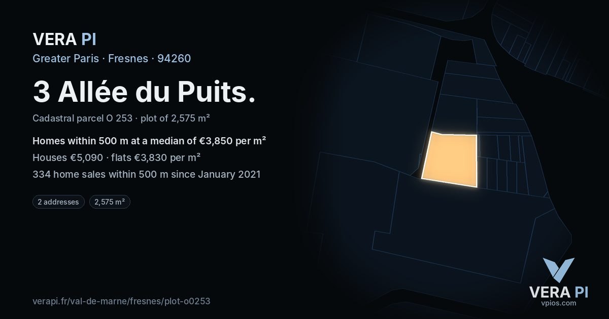 3 Allée du Puits, Fresnes at night – the plot lit, the parcels around coloured by the prices near them