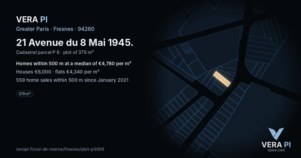 21 Avenue du 8 Mai 1945, Fresnes at night – the plot lit, the parcels around coloured by the prices near them