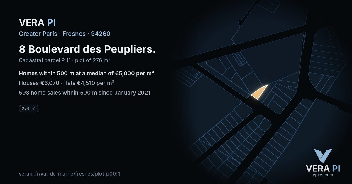 8 Boulevard des Peupliers, Fresnes at night – the plot lit, the parcels around coloured by the prices near them