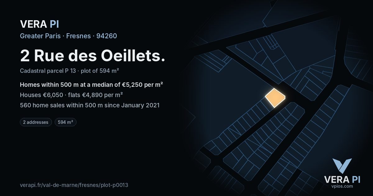 2 Rue des Oeillets, Fresnes at night – the plot lit, the parcels around coloured by the prices near them