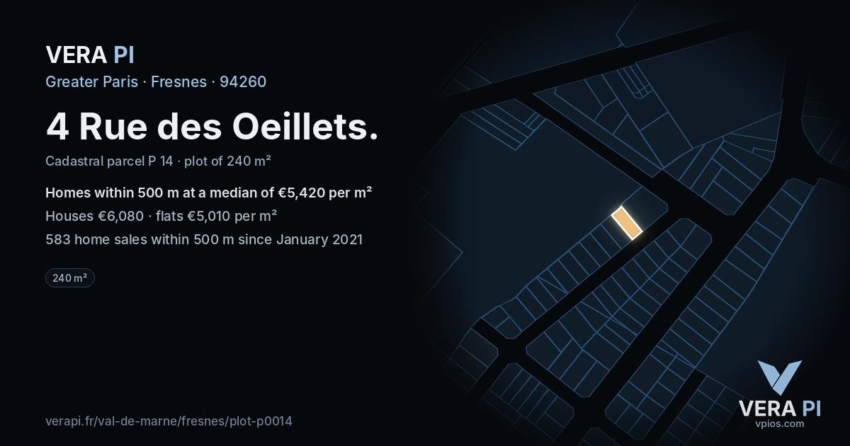 4 Rue des Oeillets, Fresnes at night – the plot lit, the parcels around coloured by the prices near them