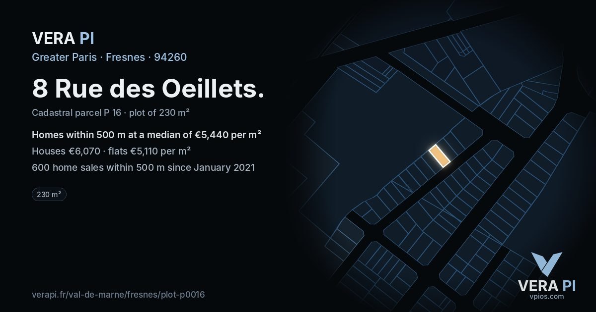 8 Rue des Oeillets, Fresnes at night – the plot lit, the parcels around coloured by the prices near them
