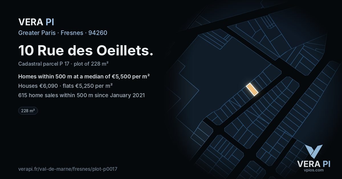 10 Rue des Oeillets, Fresnes at night – the plot lit, the parcels around coloured by the prices near them