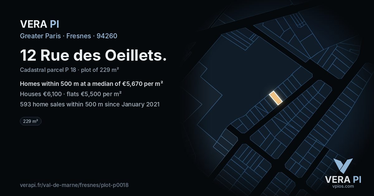 12 Rue des Oeillets, Fresnes at night – the plot lit, the parcels around coloured by the prices near them