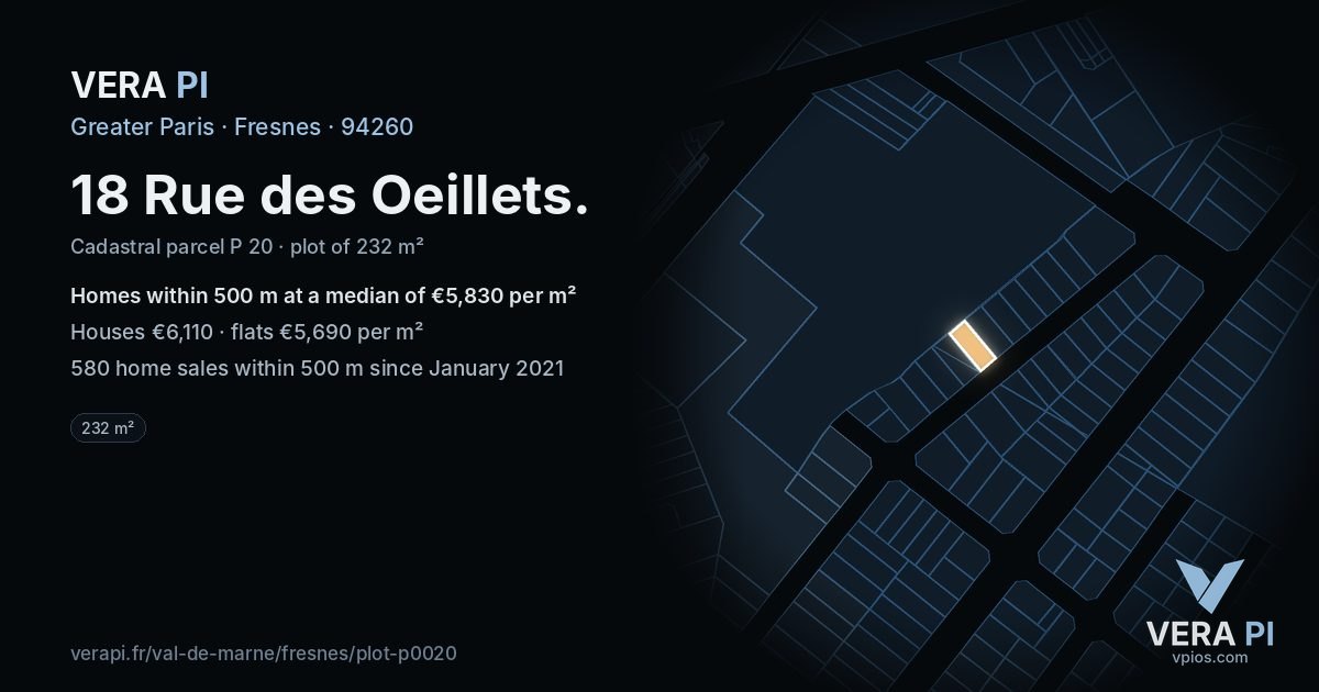 18 Rue des Oeillets, Fresnes at night – the plot lit, the parcels around coloured by the prices near them