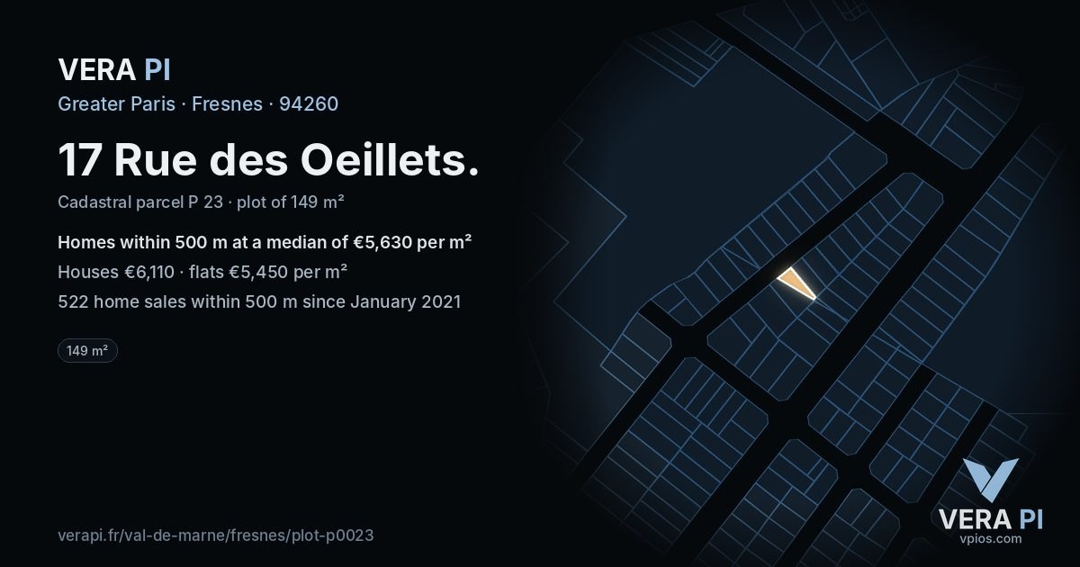 17 Rue des Oeillets, Fresnes at night – the plot lit, the parcels around coloured by the prices near them