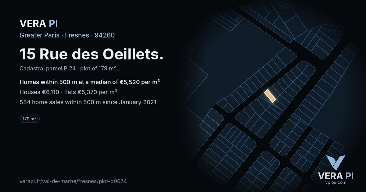 15 Rue des Oeillets, Fresnes at night – the plot lit, the parcels around coloured by the prices near them