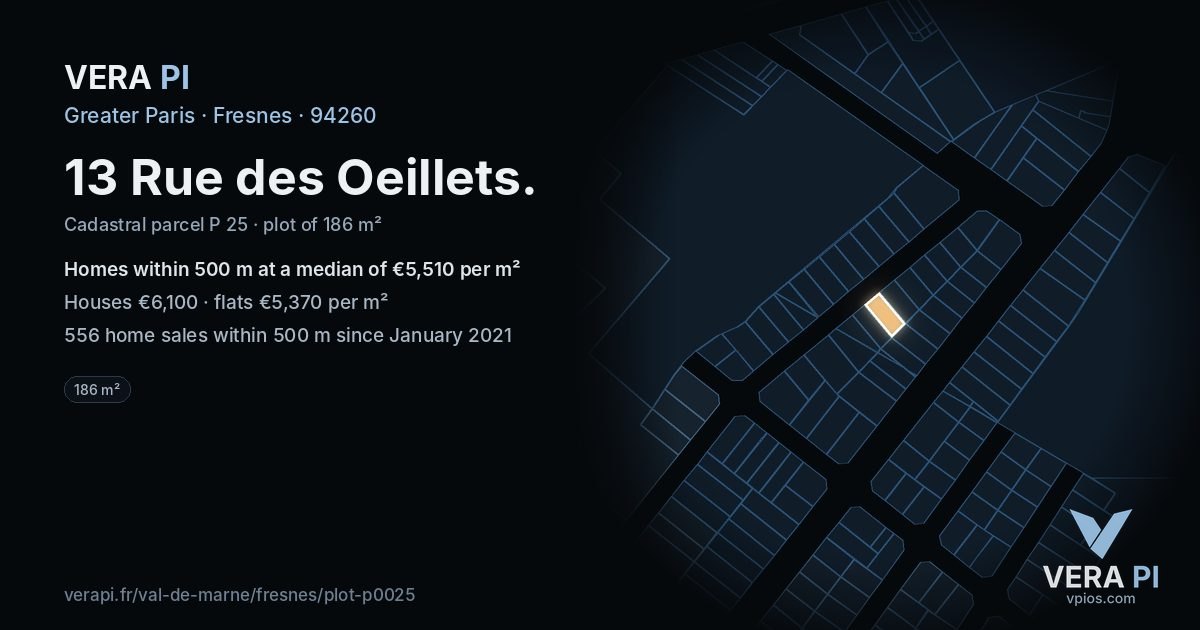 13 Rue des Oeillets, Fresnes at night – the plot lit, the parcels around coloured by the prices near them