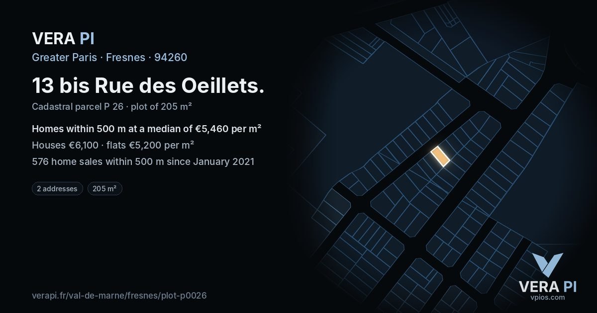 13 bis Rue des Oeillets, Fresnes at night – the plot lit, the parcels around coloured by the prices near them