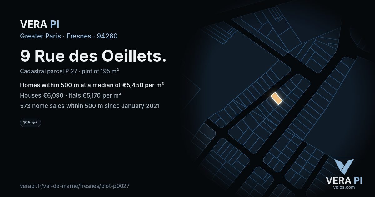 9 Rue des Oeillets, Fresnes at night – the plot lit, the parcels around coloured by the prices near them