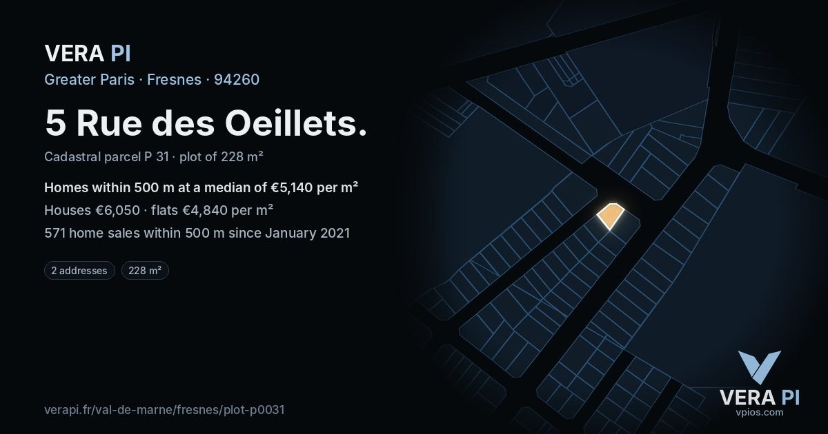 5 Rue des Oeillets, Fresnes at night – the plot lit, the parcels around coloured by the prices near them