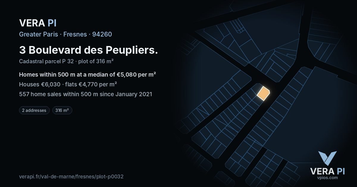 3 Boulevard des Peupliers, Fresnes at night – the plot lit, the parcels around coloured by the prices near them