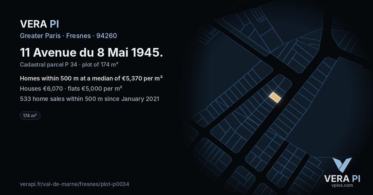 11 Avenue du 8 Mai 1945, Fresnes at night – the plot lit, the parcels around coloured by the prices near them