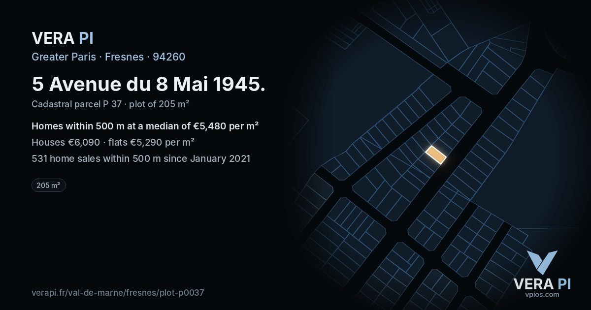 5 Avenue du 8 Mai 1945, Fresnes at night – the plot lit, the parcels around coloured by the prices near them