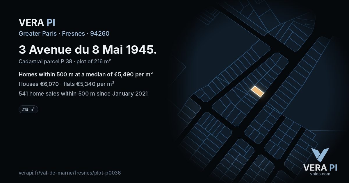 3 Avenue du 8 Mai 1945, Fresnes at night – the plot lit, the parcels around coloured by the prices near them