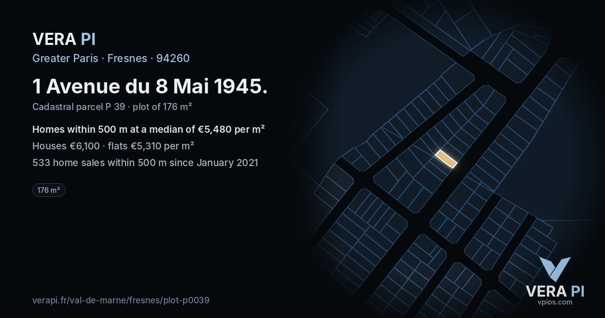 1 Avenue du 8 Mai 1945, Fresnes at night – the plot lit, the parcels around coloured by the prices near them