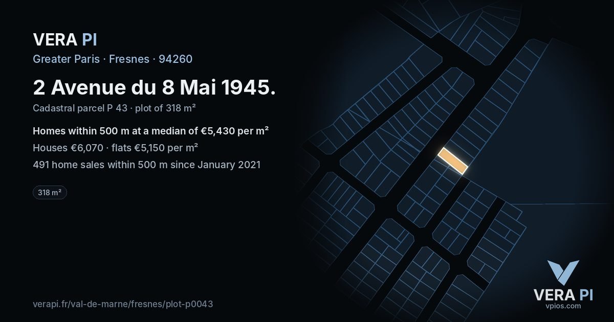 2 Avenue du 8 Mai 1945, Fresnes at night – the plot lit, the parcels around coloured by the prices near them