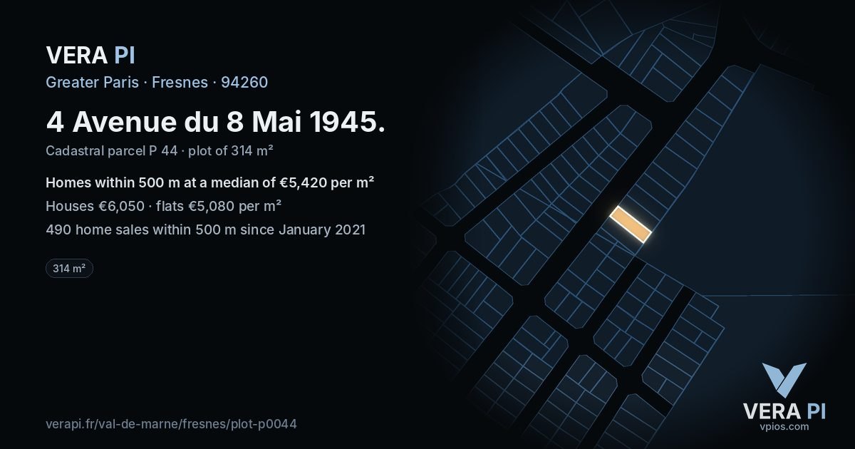 4 Avenue du 8 Mai 1945, Fresnes at night – the plot lit, the parcels around coloured by the prices near them