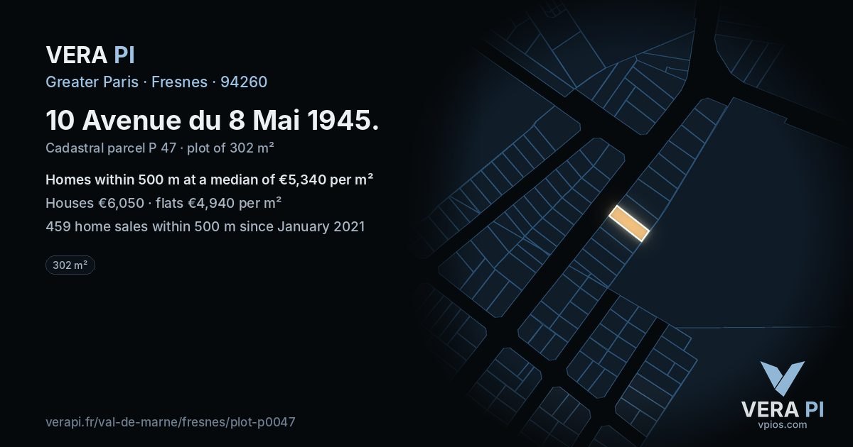 10 Avenue du 8 Mai 1945, Fresnes at night – the plot lit, the parcels around coloured by the prices near them