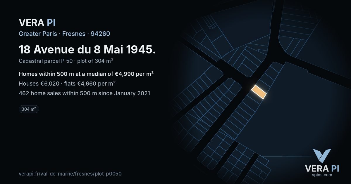 18 Avenue du 8 Mai 1945, Fresnes at night – the plot lit, the parcels around coloured by the prices near them