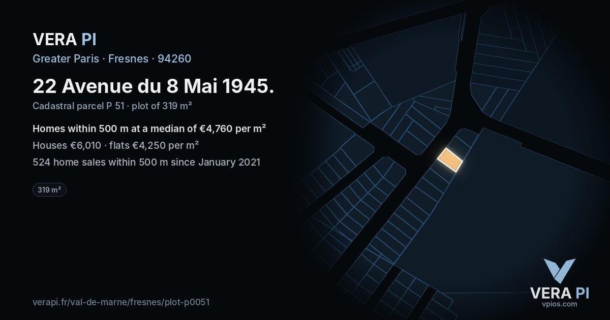 22 Avenue du 8 Mai 1945, Fresnes at night – the plot lit, the parcels around coloured by the prices near them
