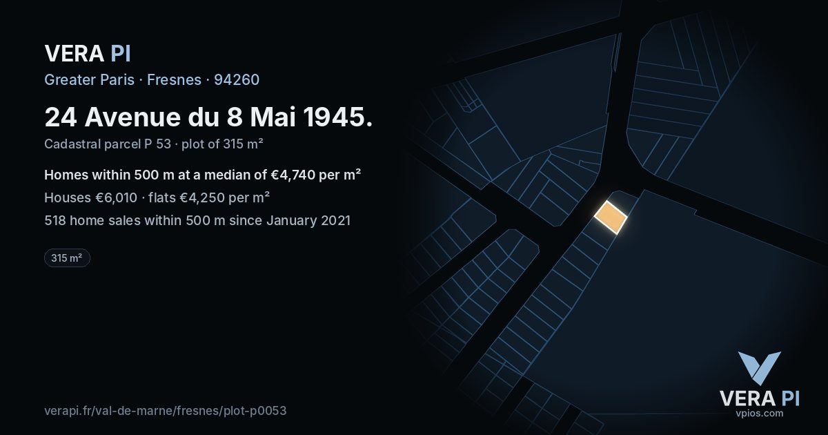 24 Avenue du 8 Mai 1945, Fresnes at night – the plot lit, the parcels around coloured by the prices near them