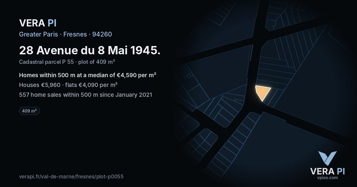 28 Avenue du 8 Mai 1945, Fresnes at night – the plot lit, the parcels around coloured by the prices near them