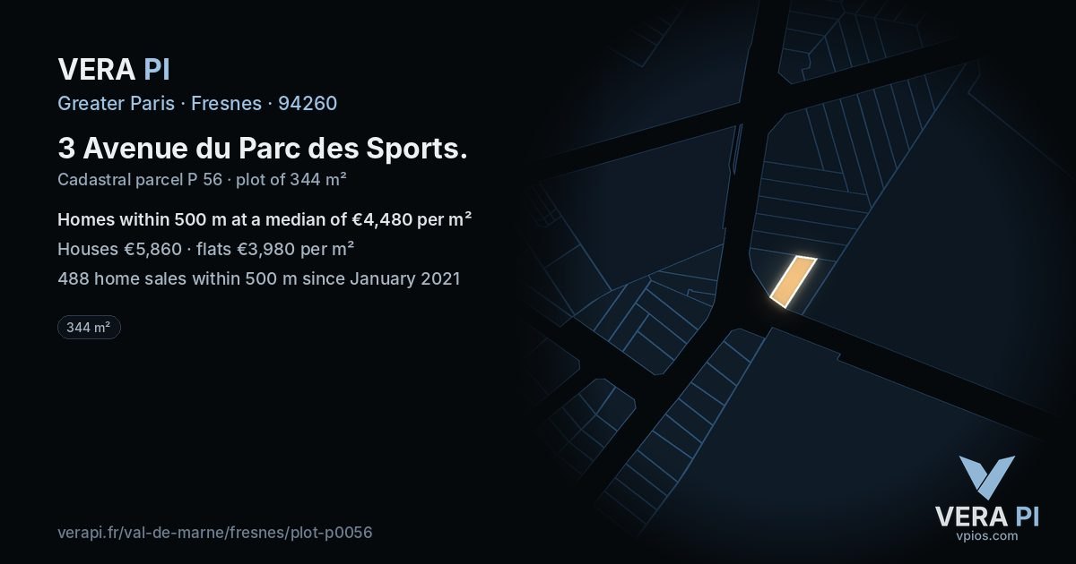 3 Avenue du Parc des Sports, Fresnes at night – the plot lit, the parcels around coloured by the prices near them