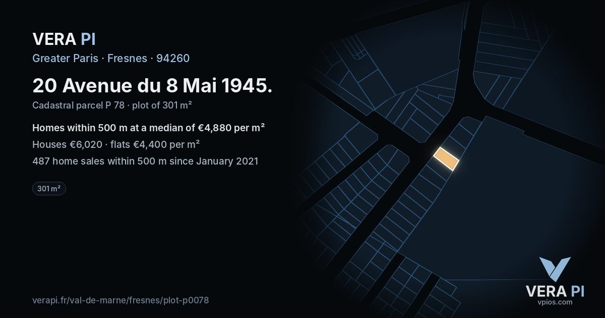 20 Avenue du 8 Mai 1945, Fresnes at night – the plot lit, the parcels around coloured by the prices near them