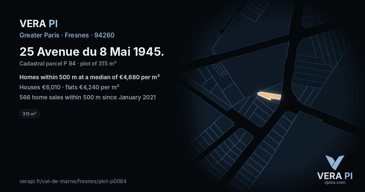 25 Avenue du 8 Mai 1945, Fresnes at night – the plot lit, the parcels around coloured by the prices near them