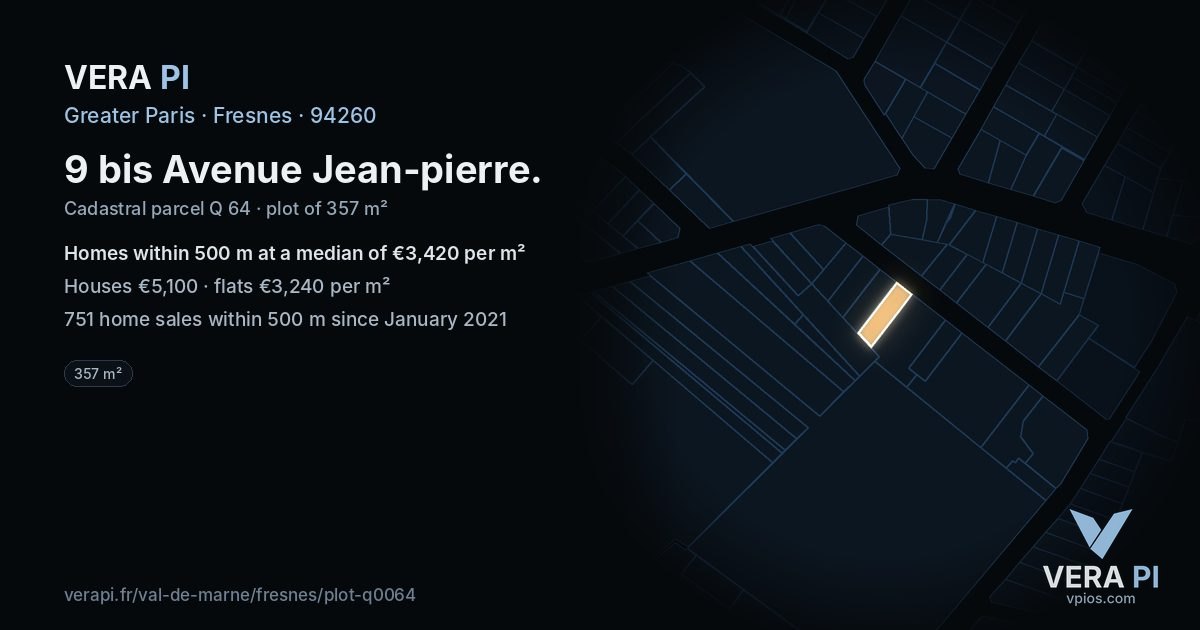 9 bis Avenue Jean-pierre, Fresnes at night – the plot lit, the parcels around coloured by the prices near them