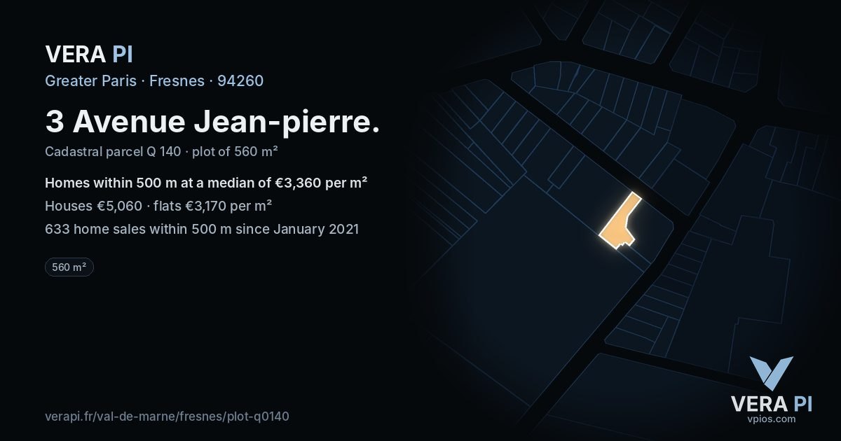 3 Avenue Jean-pierre, Fresnes at night – the plot lit, the parcels around coloured by the prices near them