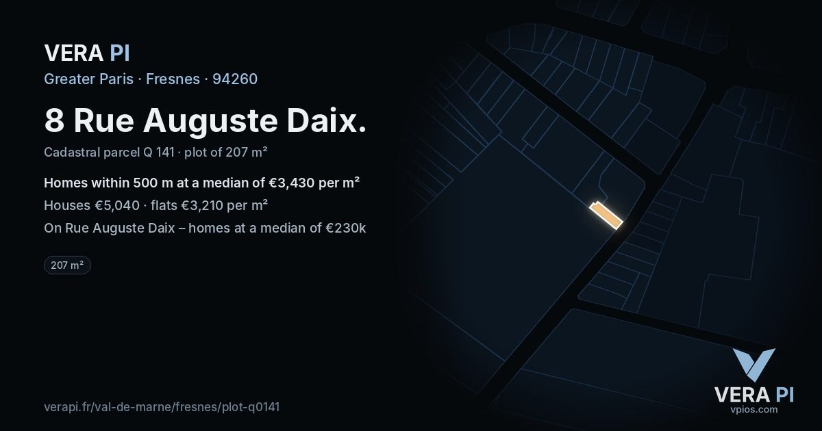 8 Rue Auguste Daix, Fresnes at night – the plot lit, the parcels around coloured by the prices near them