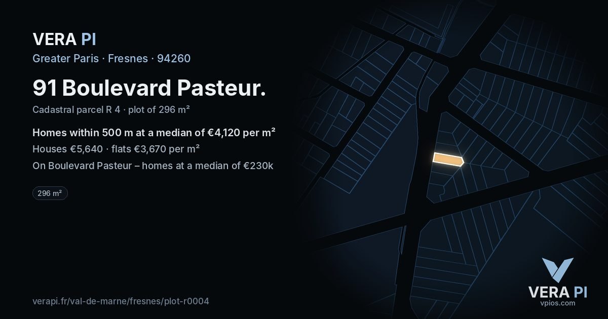 91 Boulevard Pasteur, Fresnes at night – the plot lit, the parcels around coloured by the prices near them