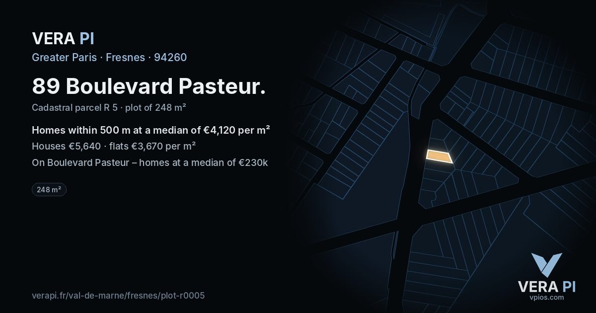 89 Boulevard Pasteur, Fresnes at night – the plot lit, the parcels around coloured by the prices near them