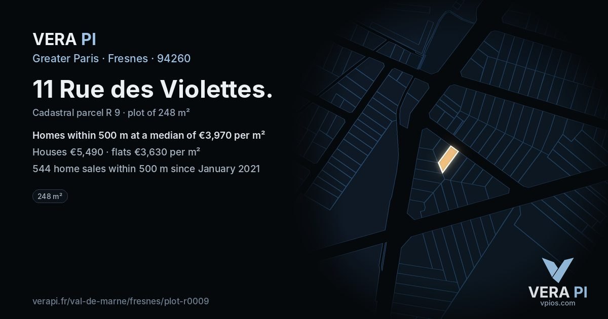 11 Rue des Violettes, Fresnes at night – the plot lit, the parcels around coloured by the prices near them