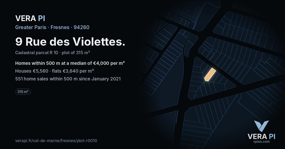 9 Rue des Violettes, Fresnes at night – the plot lit, the parcels around coloured by the prices near them