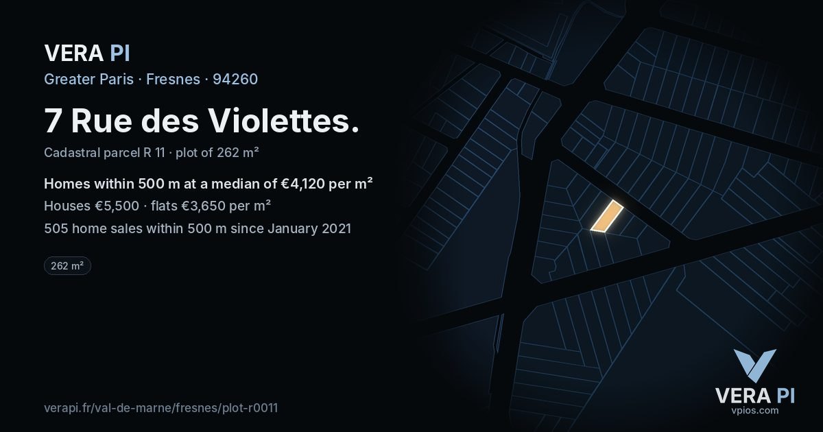 7 Rue des Violettes, Fresnes at night – the plot lit, the parcels around coloured by the prices near them