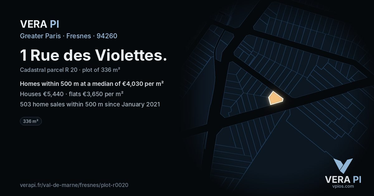 1 Rue des Violettes, Fresnes at night – the plot lit, the parcels around coloured by the prices near them