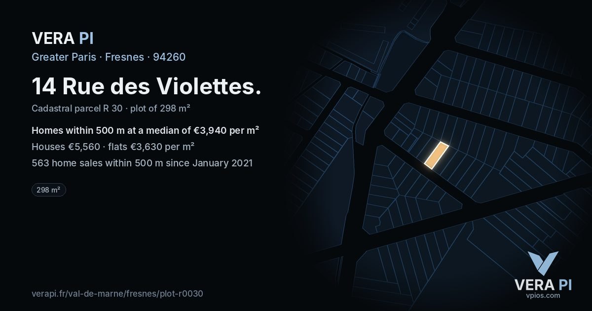 14 Rue des Violettes, Fresnes at night – the plot lit, the parcels around coloured by the prices near them