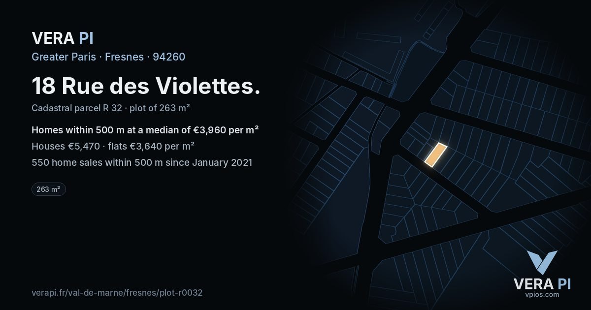 18 Rue des Violettes, Fresnes at night – the plot lit, the parcels around coloured by the prices near them