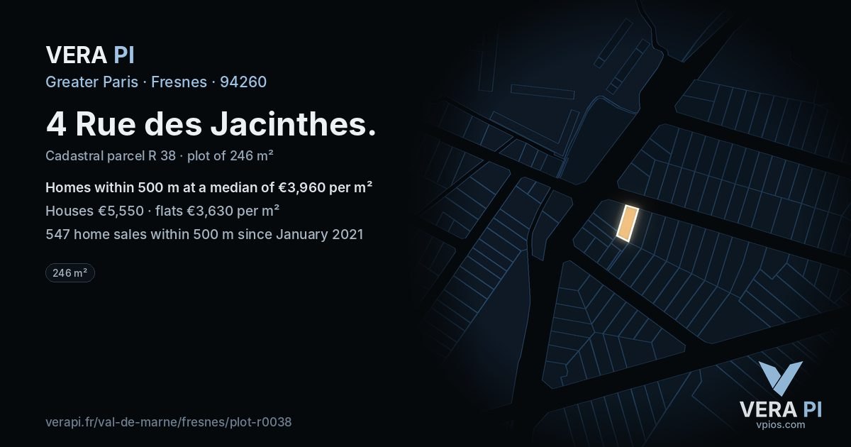 4 Rue des Jacinthes, Fresnes at night – the plot lit, the parcels around coloured by the prices near them
