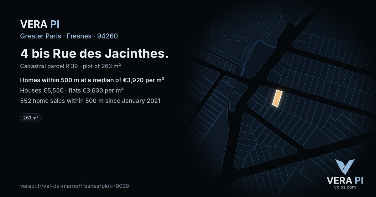 4 bis Rue des Jacinthes, Fresnes at night – the plot lit, the parcels around coloured by the prices near them