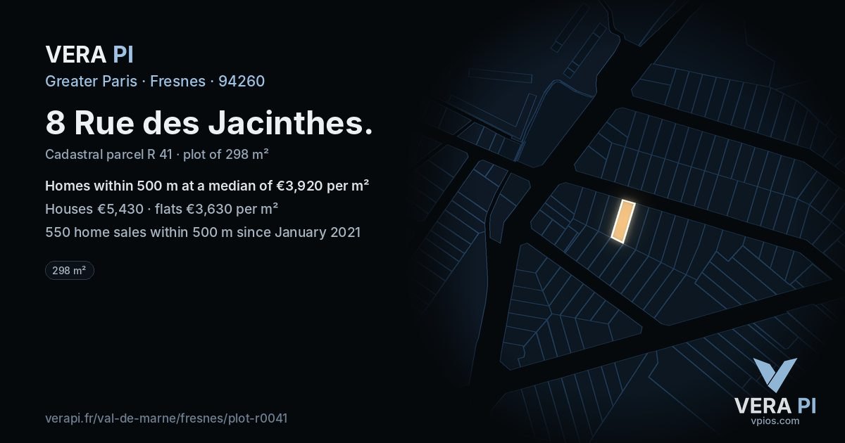 8 Rue des Jacinthes, Fresnes at night – the plot lit, the parcels around coloured by the prices near them