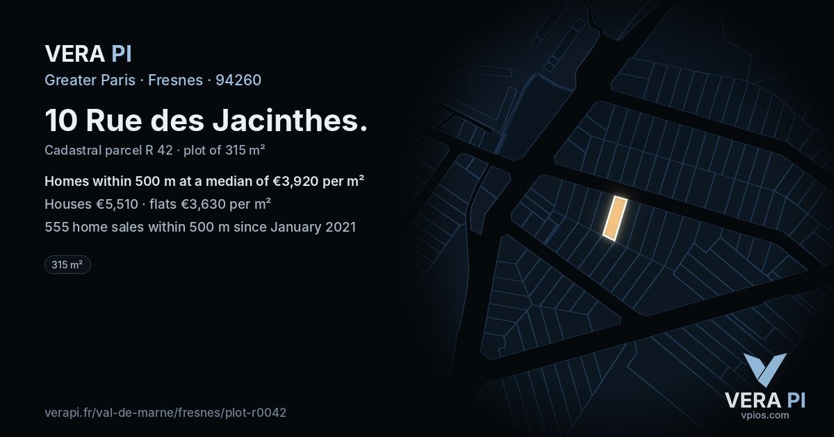 10 Rue des Jacinthes, Fresnes at night – the plot lit, the parcels around coloured by the prices near them