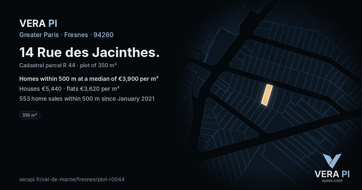 14 Rue des Jacinthes, Fresnes at night – the plot lit, the parcels around coloured by the prices near them
