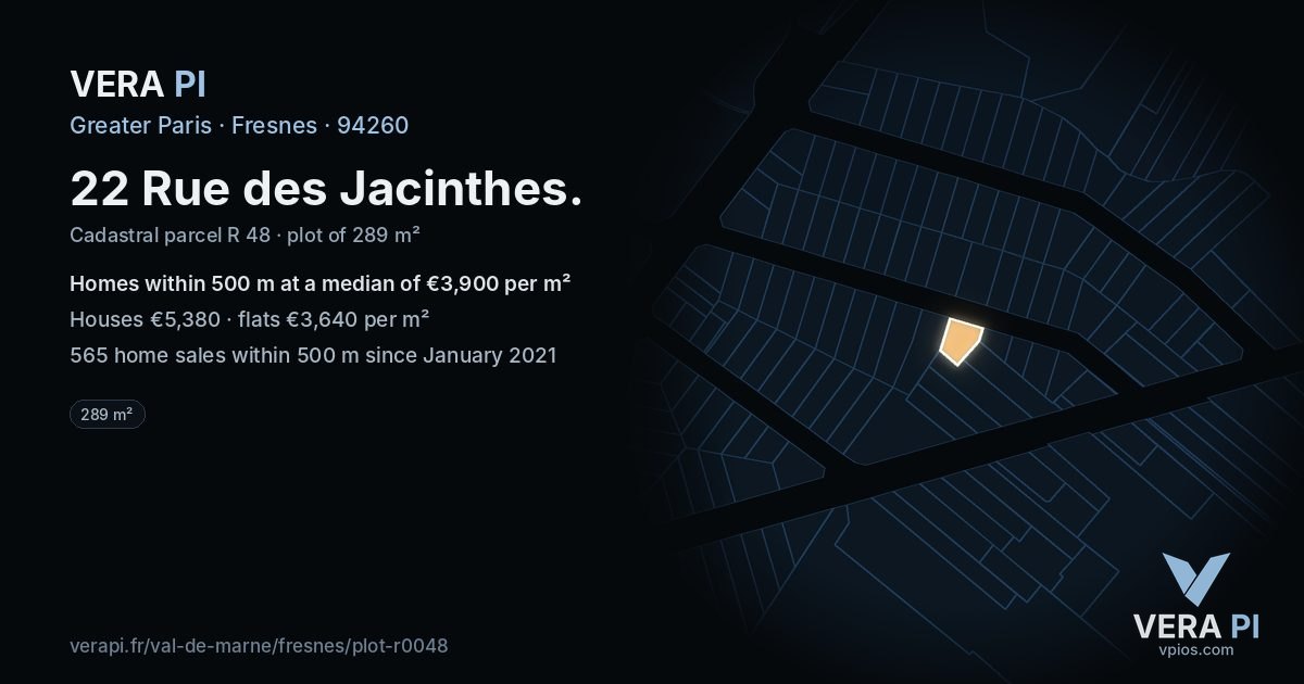 22 Rue des Jacinthes, Fresnes at night – the plot lit, the parcels around coloured by the prices near them