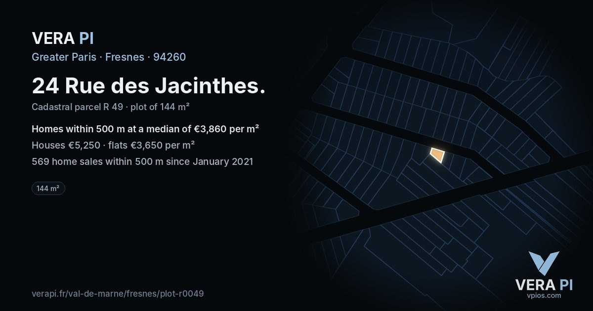 24 Rue des Jacinthes, Fresnes at night – the plot lit, the parcels around coloured by the prices near them